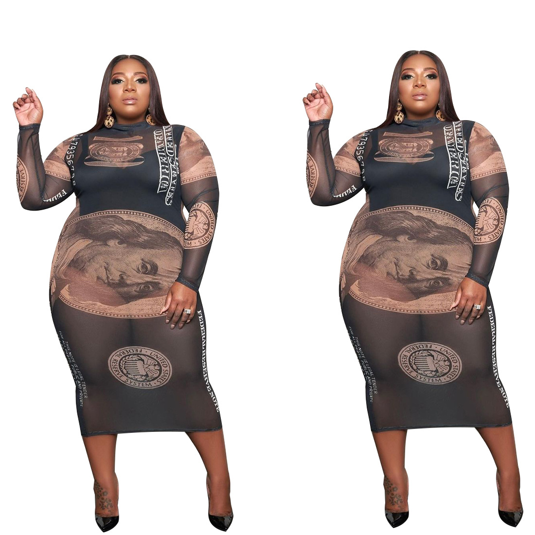 

Plus Size Money Dollar Print Sexy Slim Fit Dresses Women Mock Neck Full Sleeve Bandage Dress Spring Mesh See Through Vestidos, F1023-black