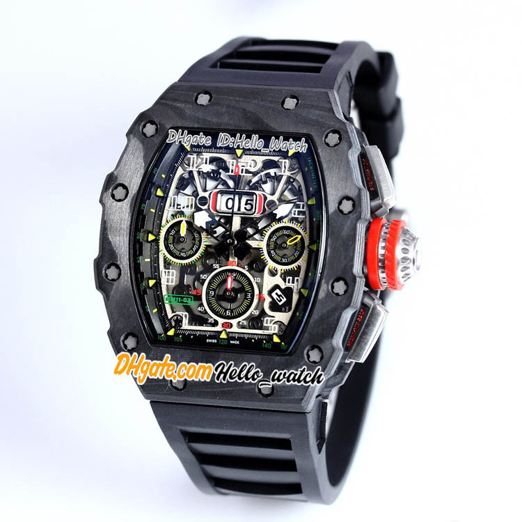 

43mm RM011 Watches Skeleton Dial Chronograph ETA 7750 Automatic Mens Watch RM11 NTPT Carbon Fiber Case Rubber HWRM Sport Hello_Watch, Slivery;brown
