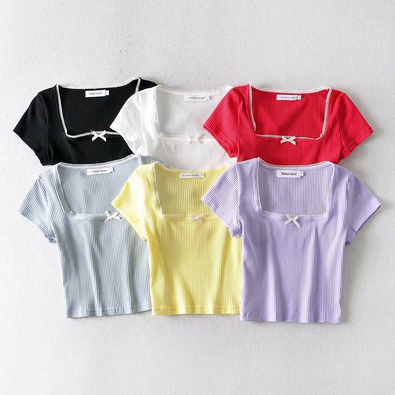 

t shirt 2021 summer fashion pullover square neck short sleeve bow lace top, White