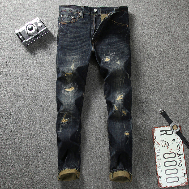 

2021 New Estilo Japons Moda Retro Lavagem Cor Escura Do Vintage Rasgado De Brim Dos Homens Denim Calas Yx8i, Dark color