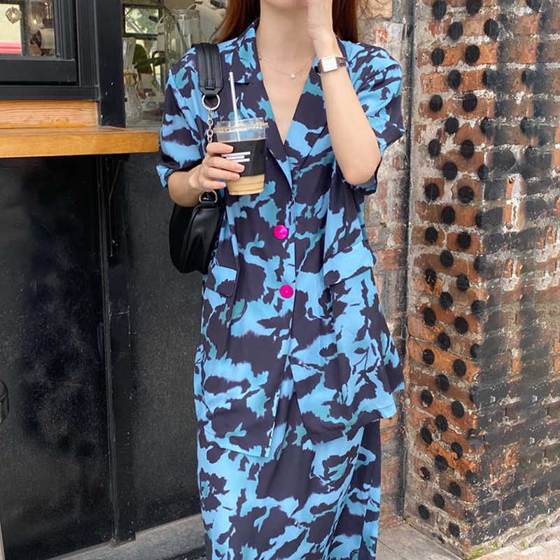 

Korejpaa Women Dress Sets Korean Chic Retro Two Button-down Short-sleeved Shirts and A High-waisted Long Skirt Suit Female 210526, Picture color