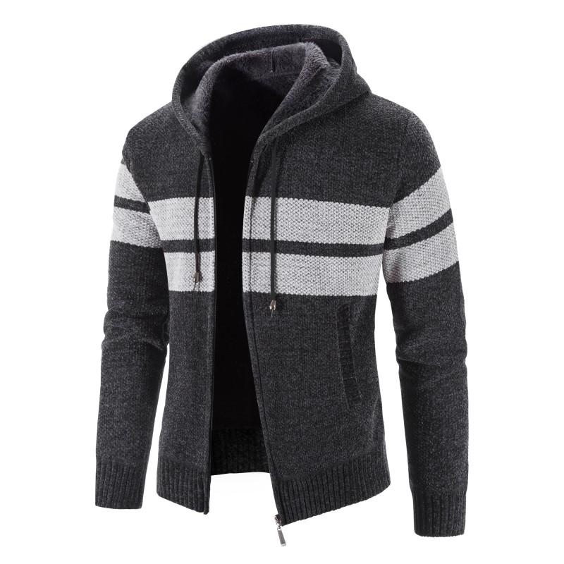 

Men's Sweaters Cardigan Men Hooded Fleece Sweater Outwear Winter Warm Sweatercoat Casual Stripe Mens Knitted Coats, White;black