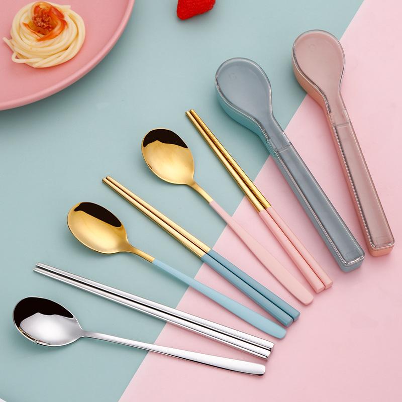 

Dinnerware Sets 304 Stainless Steel Cutlery Set Creative Spoon Chopstick With Box Student Portable Tableware Picnic Travel