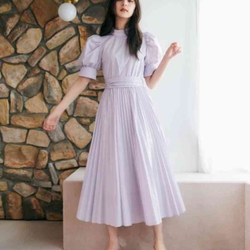

Chic Bow Design Summer Dress Sweet Puff Short Sleeve Pleated Dresses for Women Stand Collar Bandage Vestidos Mujer 210525, Purple