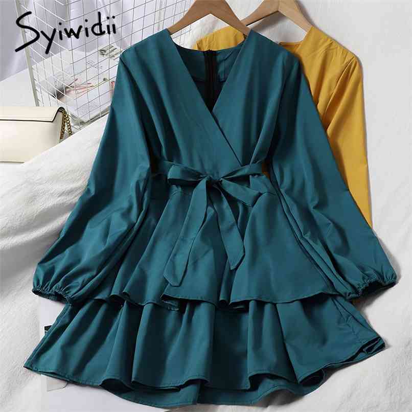 

Fashion Bow Bandage High Waist Cake Dresses Women Puff Sleeve V-Neck A-line Solid Yellow Blue Clothing Spring 210607