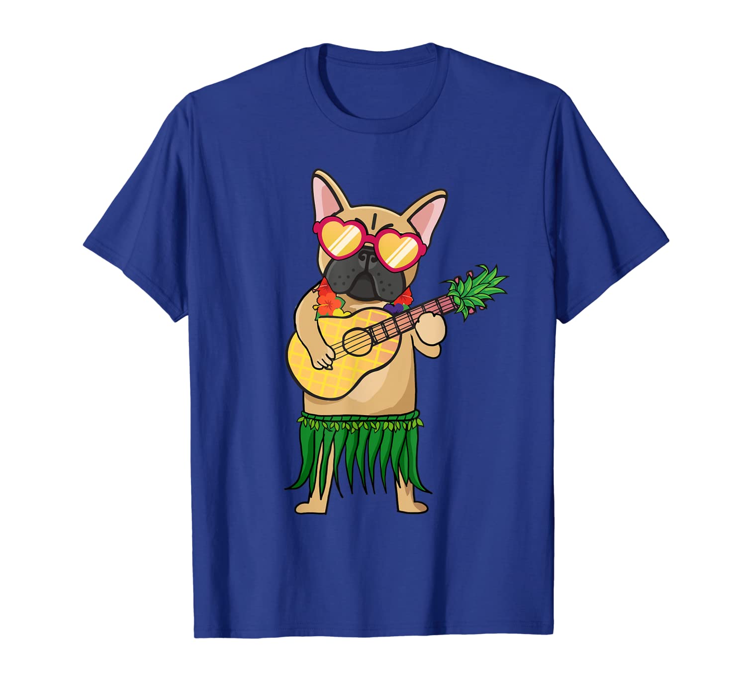 

French Bulldog Hawaiian Costume Ukulele Summer Tshirt Gifts, White;black