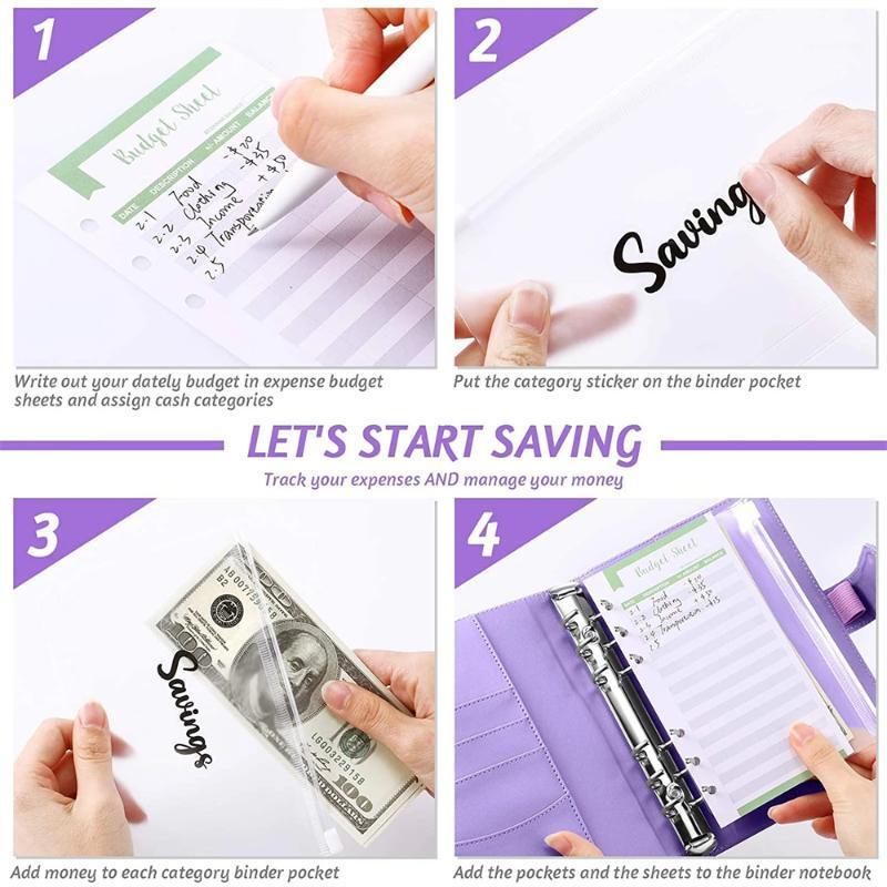 

Notepads A6 Pu Leather Notebook Binder Budget Planner Organizer 6 Ring Cover, 8 Pockets And 12 Pieces Expense Sheets, Purple;pink
