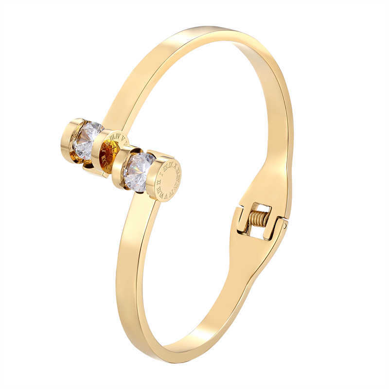 

Unique Design Double Roman Numeral and Crystal Woman Bracelets & Bangle Stainless Steel Gold Plated Jewelry Love Bangle Brand Q0719