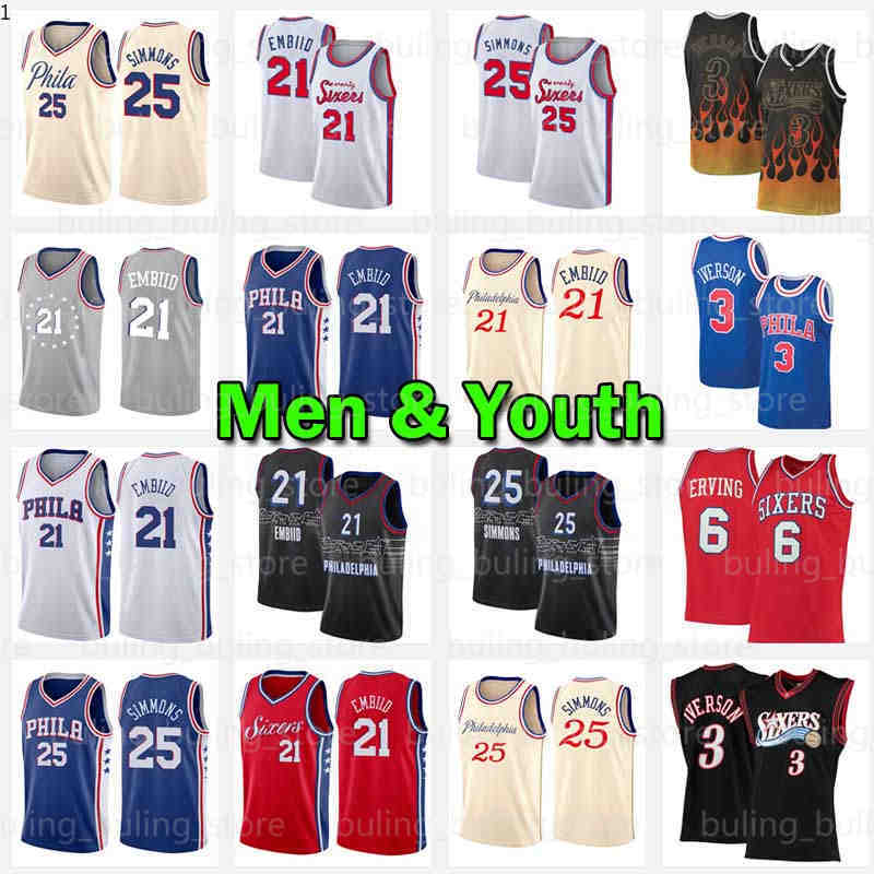 

Allen 3 Iverson Jersey Joel 21 Embiid Ben 25 Simmons 76er Basketball Jerseys Julius 6 Erving Philadelphias City Black Retro Mens Youth Kid 1997 2021 2022