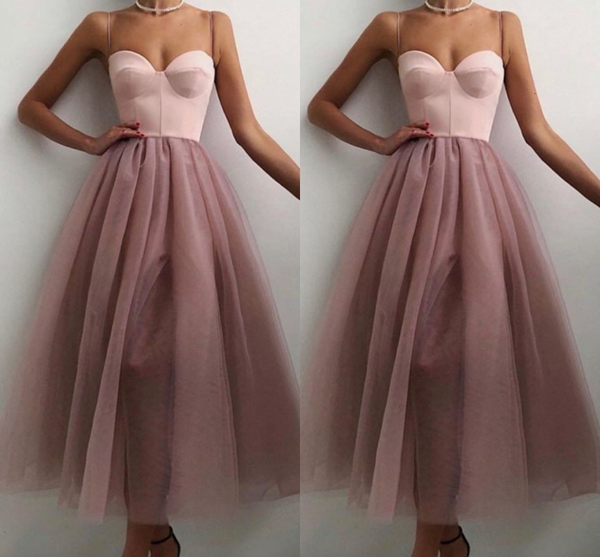 

2021 Robe De Soriee New Dusty Pink Short Evening Es Sexy Spaghetti Straps Satin and Tulle Ankle Length Prom Party Gowns R438, Picture color