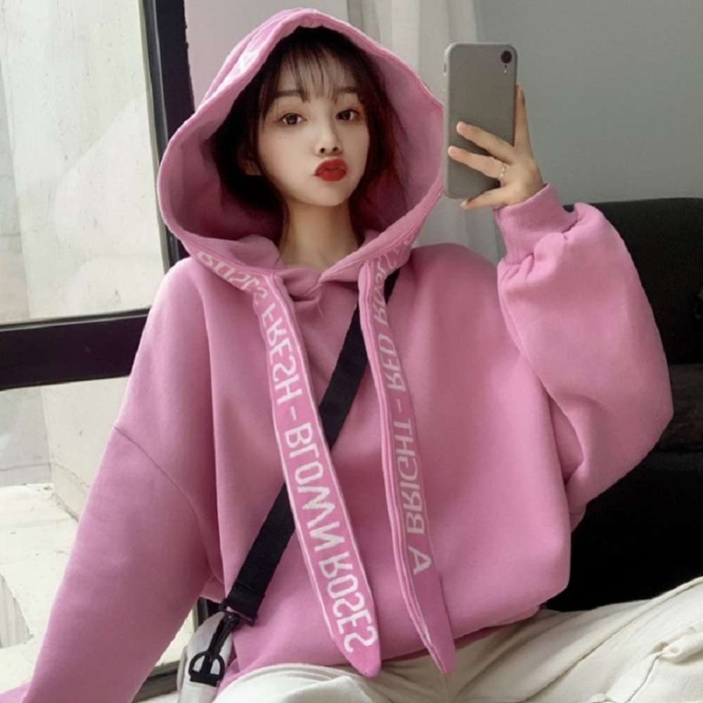 

Winter Korea hooded plus velvet thick long-sleeved women fashion loose cute ins Harajuku vintage female sweatshirt, Black