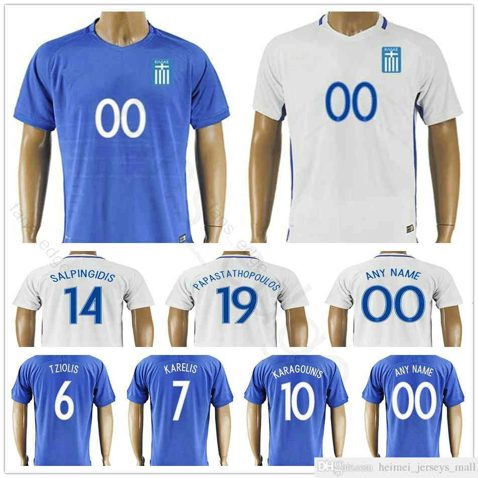 

Greece Soccer Jerseys 7 KARELIS 10 KARAGOUNIS 14 SALPINGIDIS 19 PAPASTATHOPOULOS 6 TZIOLIS 7 KARELIS Custom Home Blue Football Shirt, White