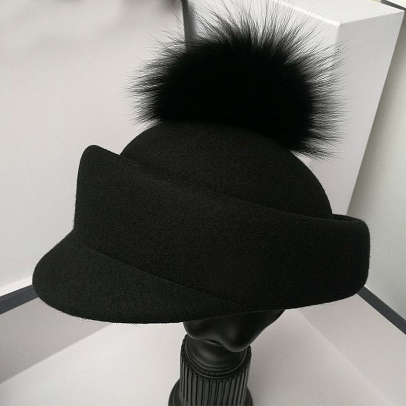 

2021 New Black Beret Women Fascinator Real Fur Ball Wool Cap for Girls Lady Adult Casual Warm Winter Quality Pillbox Hat Lhue, With black fur ball