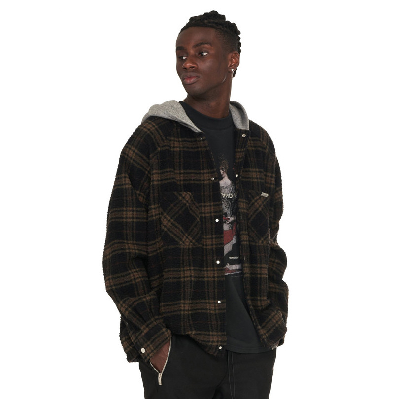 

2021 New Represent Flannel Trendy Plaid Hooded Shirt Men's Casual High Street Long Sleeve Autumn and Winter Jacket RDSU, Brown