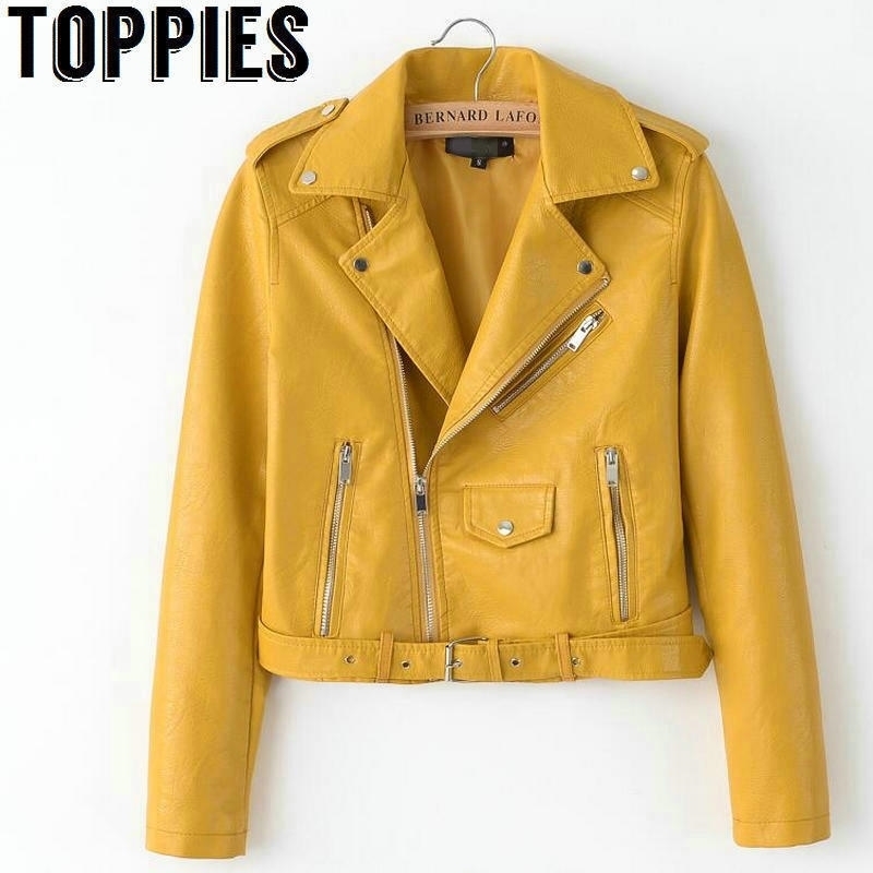 

Spring Bright Yellow Women PU Leather Jackets Zipper Leather Coat Turn-down Collar Female PU Jackets Pink Black Color T200212