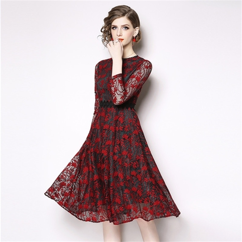 

Spring Robe Red Vintage Hollowed-out Lace Dress Vestidos Casuales Mujer Women Retro Kerst Jurk Dames Sukienka 210603, Picture color