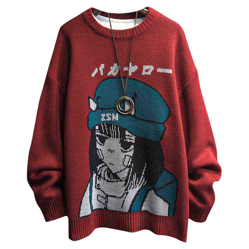 

Couple Cartoon Print Sweater Japanese Knitting Pullovers Round Neck Loose Casual Lazy Autumn Winter Knitted Pullover Sweater 211109, Gray