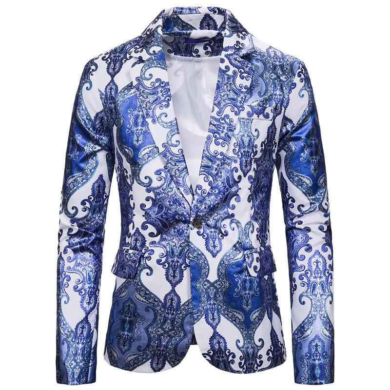

White Blue Paisley Print Men Blazer 2021 Autumn New Slim Fit One Button Mens Blazer Jacket Party Wedding Groom Prom Homme, Blue black
