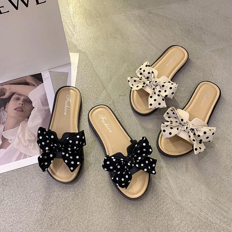 

Slippers Women Outdoor Bowknot Flat-bottomed Lightweight Non-slip Wear-resistant Beach Shoes Comfortable Fashionable Ladies, Black