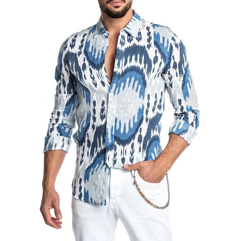 

2021 Office of Casual Fashion Business Printed Hawaiian Social Shirts Slim Fit Beach Masculine Lapel Button Neck Long Clothes C926, Blue
