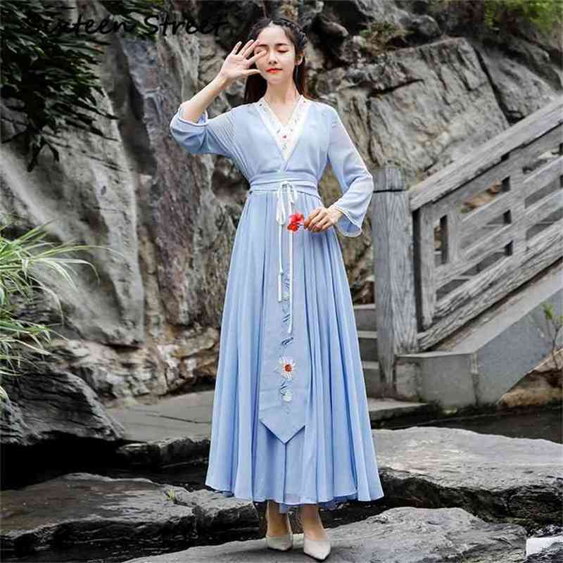 

Long Women Dress Chiffon Vintage Chinese Style Hanfu V-neck Ankle-Length Sleeve Evening Party Dresses Elegant Blue 210603