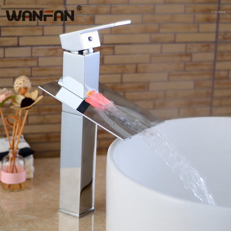 Bathroom Sink Faucets LED Basin Waterfall Faucet Chrome Finish 3 Colors Changing Light Mixer Water Tap WF-S79-310