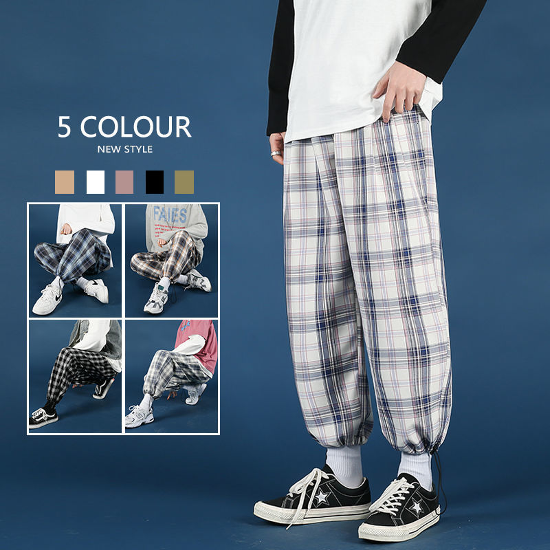 

2021 New Spring Summer Plaid Men's Fashion Retro Casual Men Streetwear Korean Hip-hop Straight Wide-leg Pants Mens Trousers M62c, Powder lattice