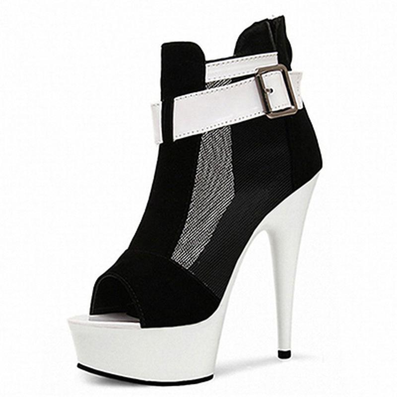 

Dress Shoes Mclubgirl 15cm Heels Solid Color Buckle Fine Heel Fish Mouth Super High Hollow Mesh Waterproof Platform Sandal LYP, Black