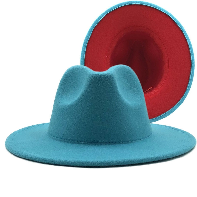 

Outer Lake blue Inner red Wool Felt Jazz Fedora Hats with Thin Belt Buckle Men Women Wide Brim Panama Trilby Cap 56-60CM 210709