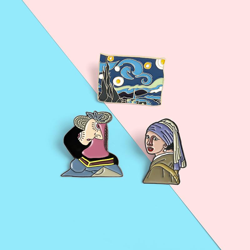 

Pins, Brooches Renaissance Famous Paintings Enamel Pin Starry Sky Pearl Girl Badges Cartoon Art Pins Gifts For Friends Jewelry Wholesale