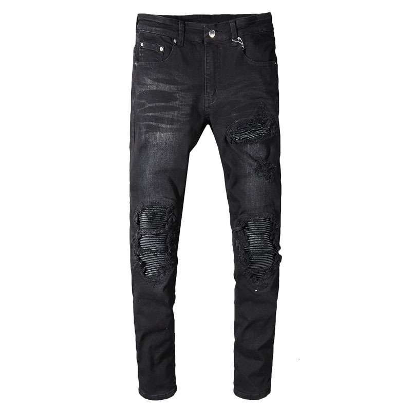 

2021 New Men's Male Trousers Street Fashion Casual Spring Black-gray Jeans Knee-hole Leather Patch Stretch Slim-fitting Denim Pants A6j5, Blue