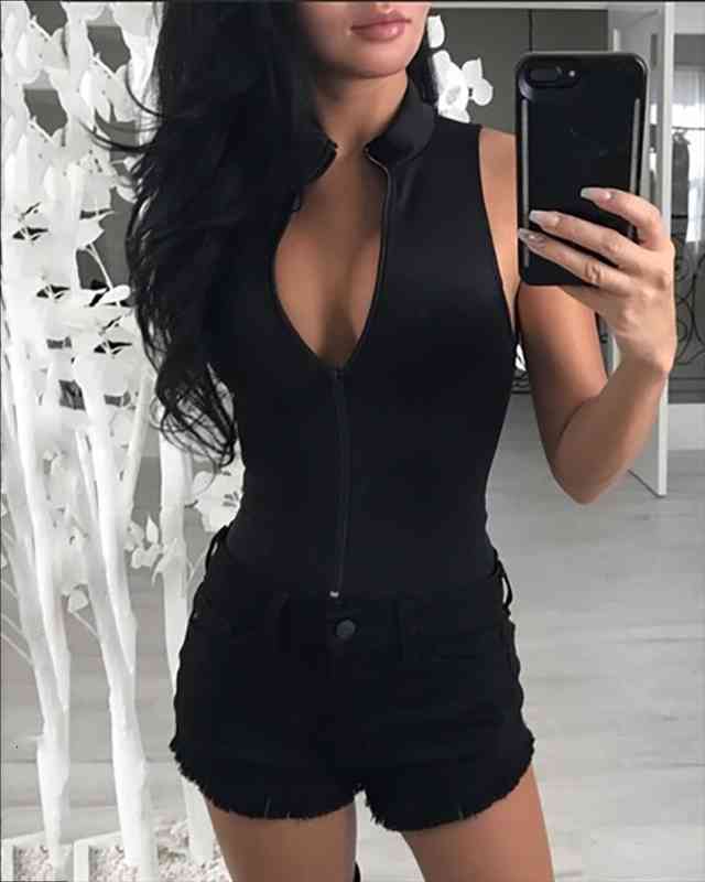 

summer women zipper front solid sleeveless rompers bodysuit plunge sleeveless slim solid playsuit, Black;white