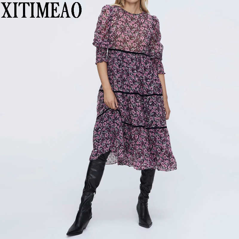 

ZA Autumn Long Sleeve Women Boho Dress Floral Print Chiffon es Ruffles Female Holiday Casual XITIMEAO 210604, As picture