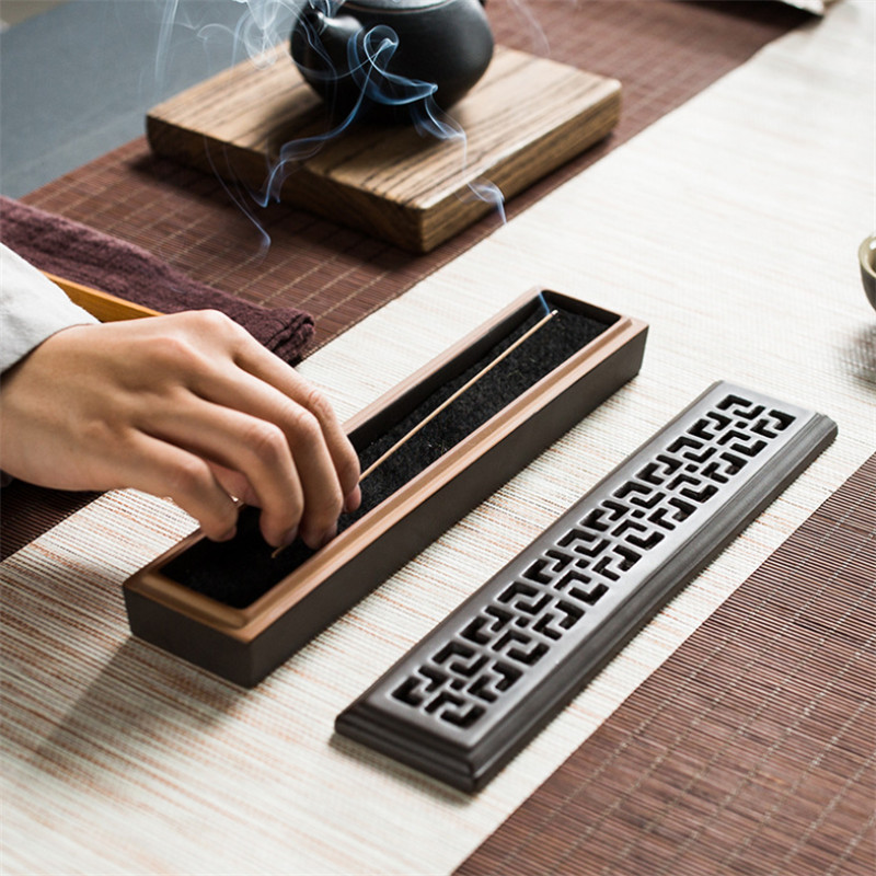 

Ceramic Vintage Rectangular Incense Burner With Exquisite Hollow Cut Lid Porcelain Incense Stick Holder Home Teahouse Decor