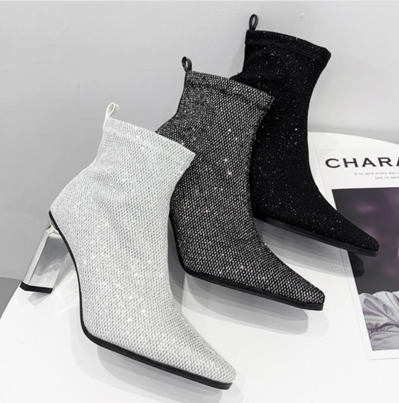 

2021 New Women Fetish Stretch Knitting Sock Chunky Metal Thick Block 9.5cm High Heels Short Ankle Boots Stripper Slim Shoes N6hq, Black