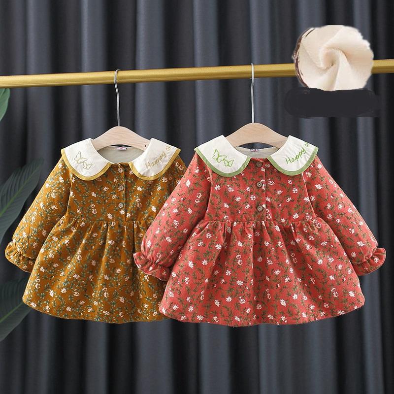 

Girl's Dresses Winter Baby Girls Long Sleeve Lapel Collar Thick Fleece Bow Floral Print Princess Party Pleated Children Kids Dress Vestidos, Red;yellow