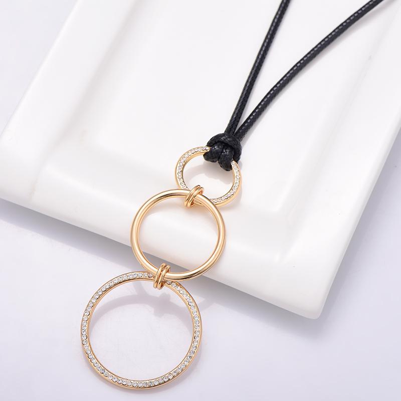 Pendant Necklaces 3 Circles Crystal Necklace For Women Black PU Leather Chain Long Punk Simple Sweater Jewelry Gift 2021 Dropship-image-706612194