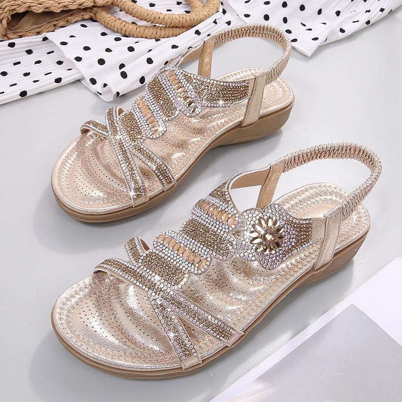 

Sandals Summer Fashion Women Silver Gold Party Crystal Flower Girls Low Heel Wedge Rhinestone Sandalias Large Size, Pink