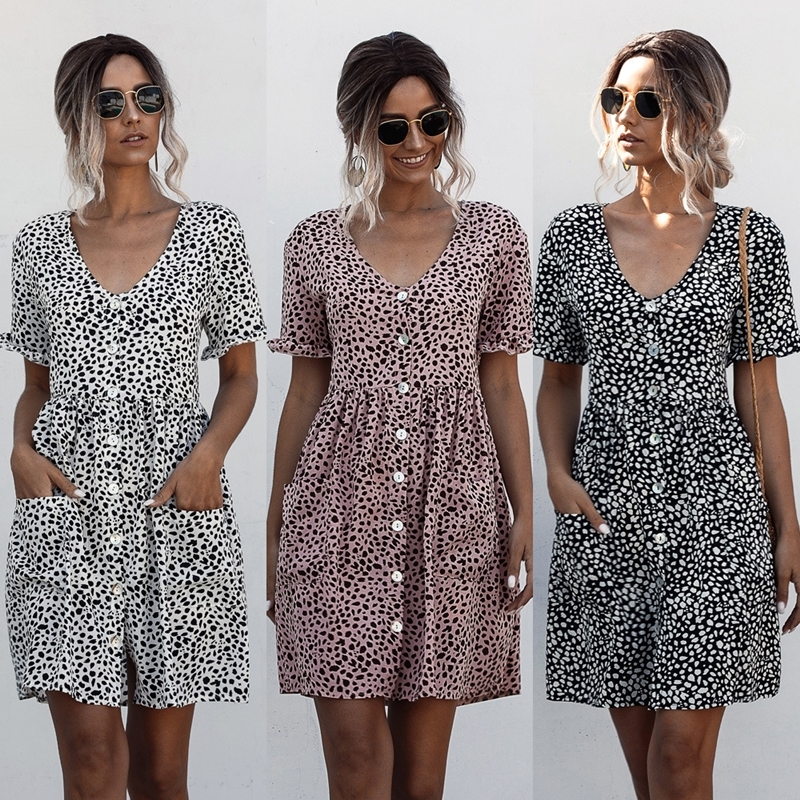 

2021 New Summer Women Casual Dot Printparty Short Sleeve Button Fashion Mini Sexy V-neck Ladies Es Vestidos Xnlq, Black