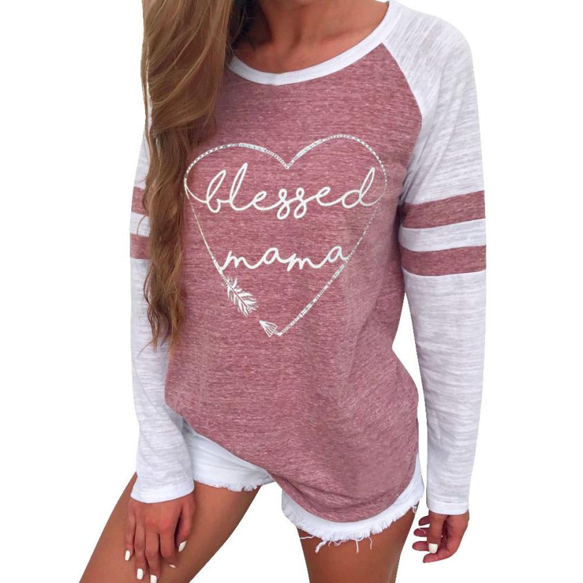 

Women Ladies Long Sleeve Vintage Print blessed mama Tops Patchwork T Shirt dropshipping Jun 5, Purple