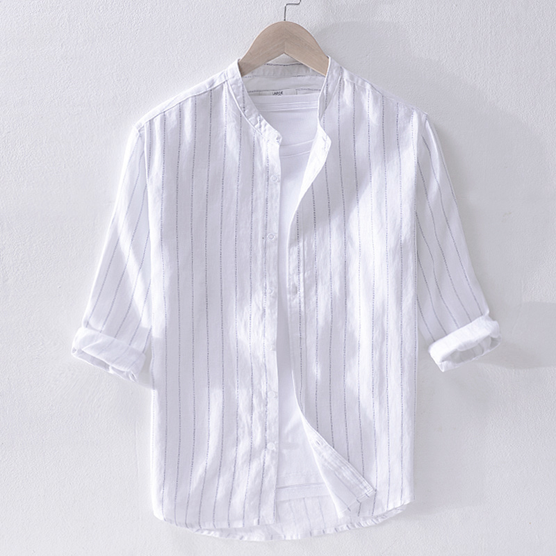 

2021 New Novo Trs-quartos Manga Listrada Mens De Linho Camisa Branca Homens Moda Gola Ocasional Do Vero Camisas Masculino Chemise M6gt, Linen color