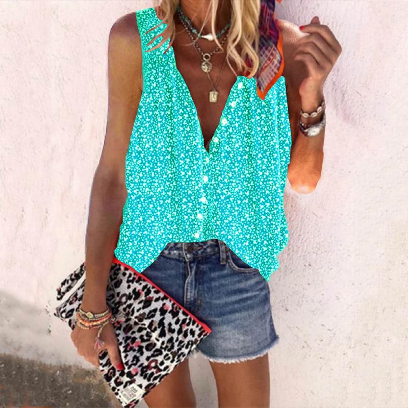 

Women' Blouses & Shirts 2021 Summer Cotton Blended Sleeveless Shirt With Casual Loose Printing, Sky blue