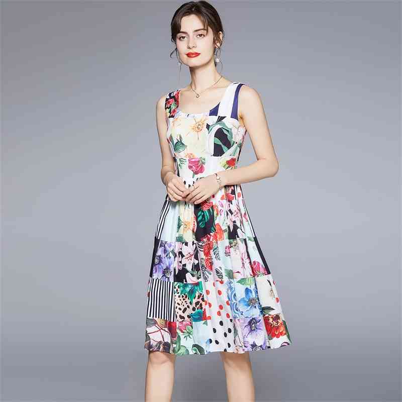 

Banulin Summer Runway Beach Resort Dress Women Spaghetti Strap Floral Print Slim Pleated Sundress Ladies Midi N77031 210603, Mixed color