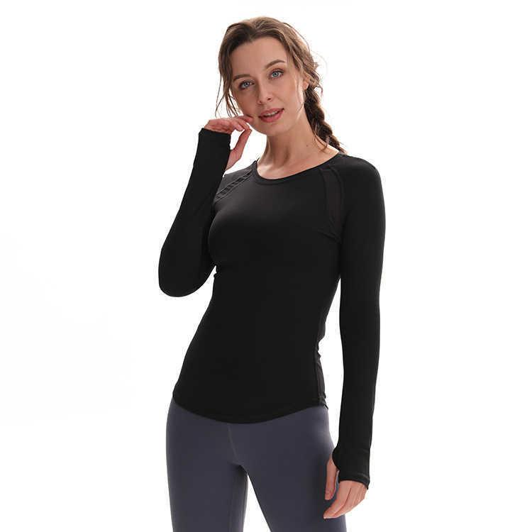 

Yoga Tops Long Sleeve Women's Mesh Stitching Round Tie Thumb Hole High Elastic Tights Workout Running Fitness Gym Clothes Women Shirts, Black