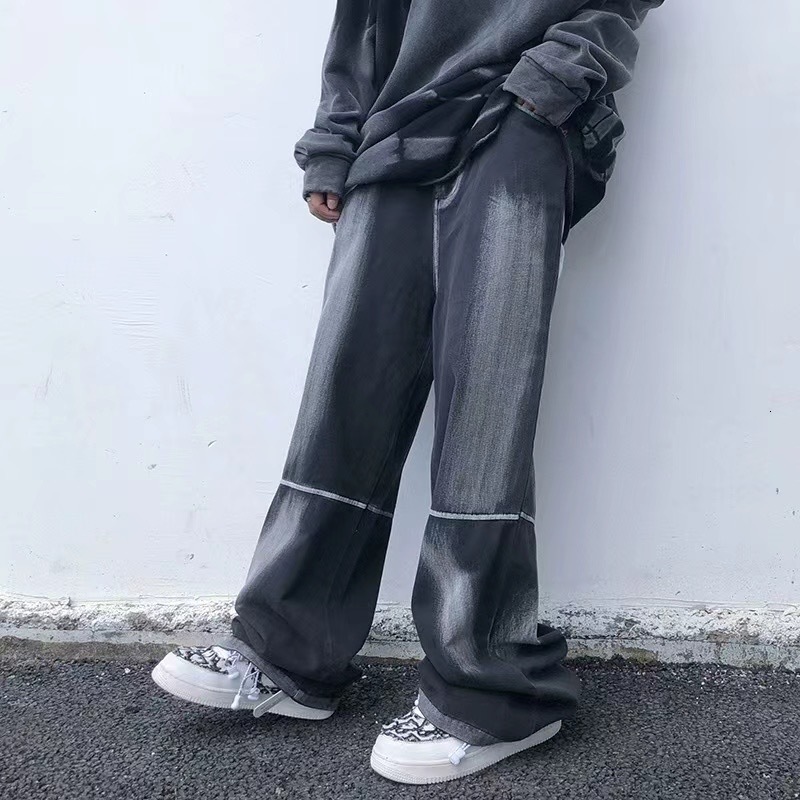 

2021 New High Street Retro Washed Gradient Denim Pants Mens Winter Harajuku Zipper Straight Baggy Casual Jeans Hip Hop Loose Trousers 8j2u, Black