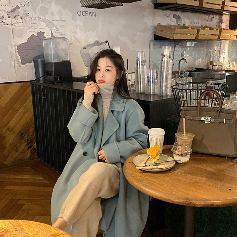 

Women' Wool & Blends Autumn Winter Female Woolen Coat Women Fashion Turn Down Collar Outerwear Loose Long Warm Overcoat L1020, Blue
