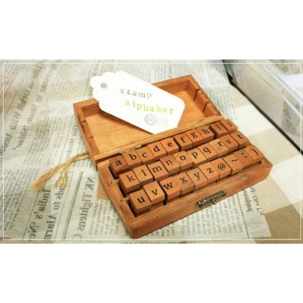 

Fast Shipping Wholesale Creative Lowercase Uppercase Alphabet Wood Rubber Stamps Set with Wooden Box 50sets/lot Wholesale