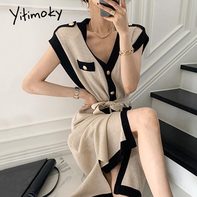 

Casual Dresses Yitimoky Elegant Woman Button V-Neck 2021 Summer Sleeveless Contrase Color Single Breasted Sashes Knitted Dress, Black