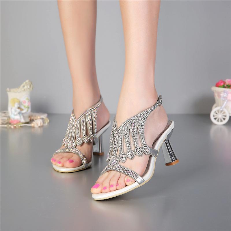 

G-sparrow Female Sandals 2021 Summer New High-heeled Thick Heels Rhinestone Sandal Korean Size Diamond Shoes, Silver