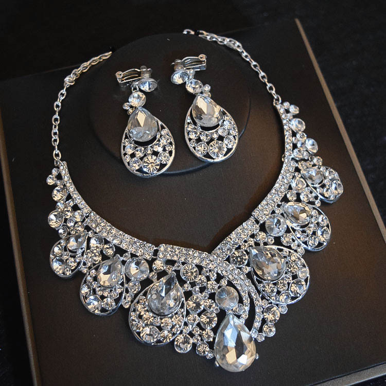 

Luxury Big Rhinestone Bridal Jewelry Sets Silver Plated Crystal Crown Tiaras Necklace Earrings Set For Bride Hair Accessories, Slivery;golden